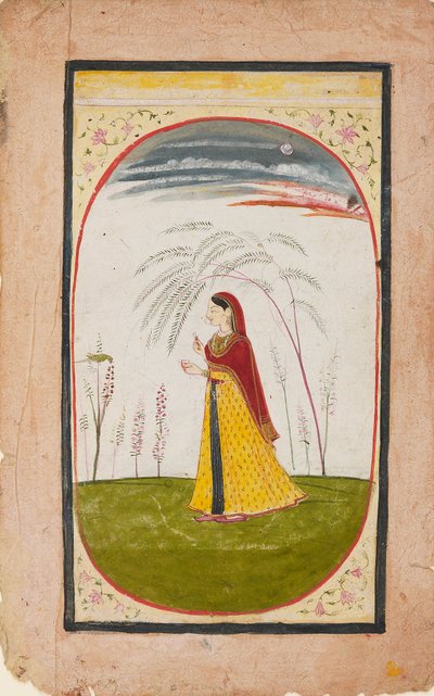 Eine Dame in einer spärlichen Landschaft, die eine Blume und eine Tasse hält, frühes 19. Jahrhundert von Unbekannt