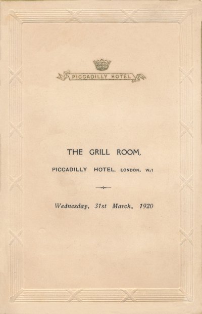 Ein Menü für den Grill Room des Piccadilly Hotels, London, 1920 von Unbekannt