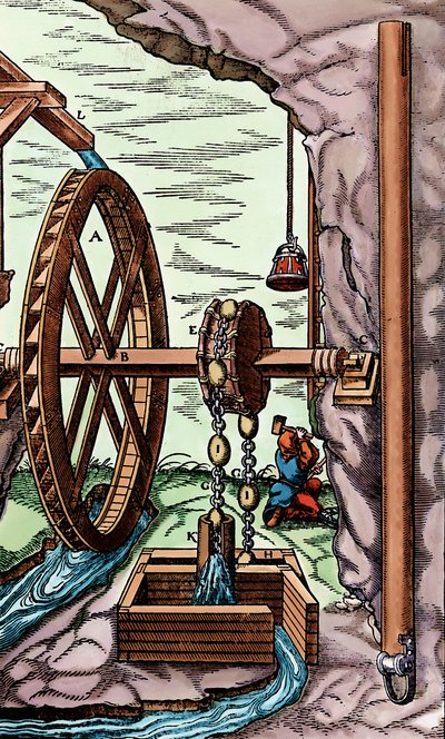 Eine Mine wird von einer Lappen- und Kettenpumpe, die von einem oberschlächtigen Wasserrad angetrieben wird, entwässert, 1556 von Unbekannt