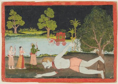 Eine Seite aus einem Ramayana: Rama, Lakshman und Sita vor einem erschlagenen Riesen, ca. 1770 von Unbekannt