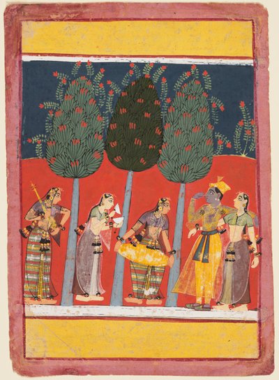 Eine Seite aus einer Rasikapriya-Serie: Krishna und Radha und die Sakhis mit Musikinstrumenten, ca. 1650 von Unbekannt