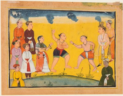 Eine Seite aus dem Mahabharata: Bhima kämpft mit Jayadratha, ca. 1615 von Unbekannt
