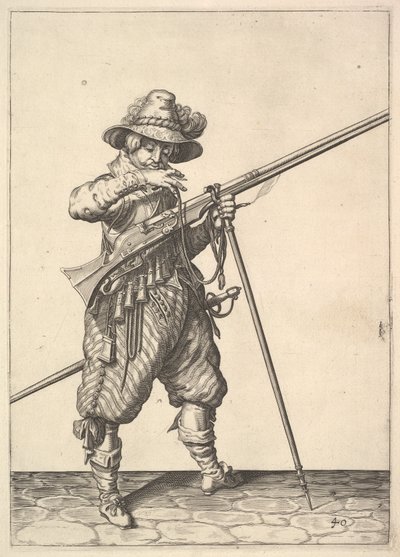 Ein Soldat bläst auf ein Streichholz, aus der Serie Musketiere, Platte 40, in Wapenhandelinghe van Ro... von Unbekannt
