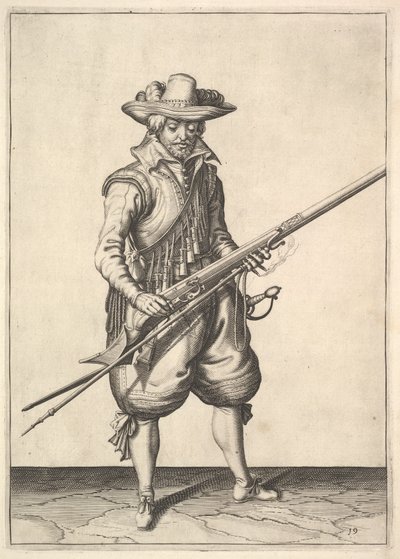 Ein Soldat schüttelt das Pulver vom oberen Teil der Pfanne, aus der Serie Musketiere, Platte 19 von Unbekannt