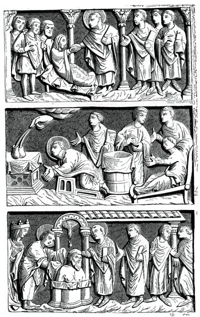 Ein Triptychon der Heilungsarbeit von St. Remy, Bischof von Reims, 11. Jahrhundert von Unbekannt