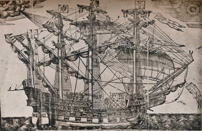 Ein Holzschnitt eines Schiffes, das als The Ark Royal gilt, um 1587 von Unbekannt