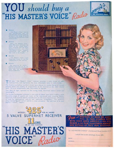 Werbung für His Masters Voice Radios, 1936 von Unbekannt