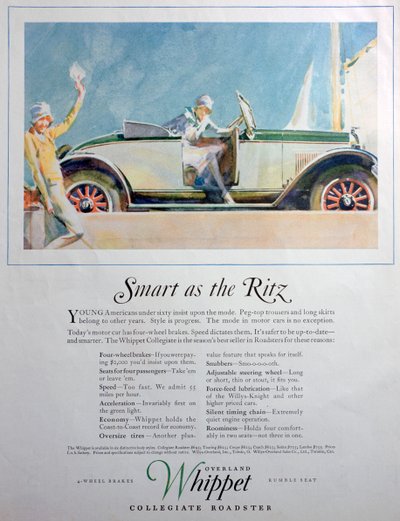Werbung für das Overland Whippet Collegiate Roadster Auto, 1927 von Unbekannt