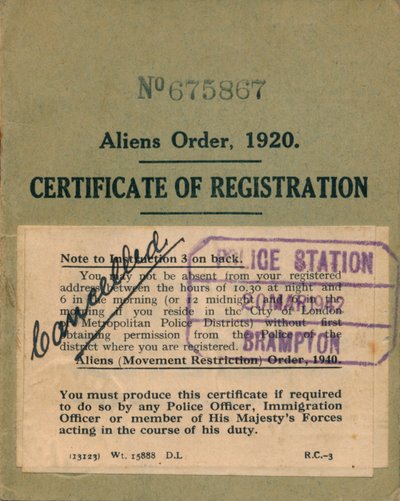 Aliens Order, Registrierungszertifikat von Unbekannt