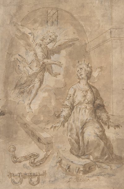 Ein Engel erscheint der heiligen Katharina von Alexandria im Gefängnis von Unbekannt