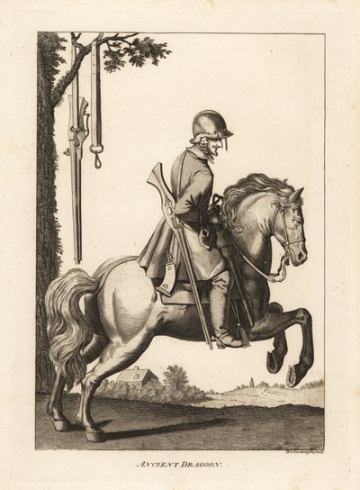 Alter Dragoner zu Pferd mit Helm, Muskete und Pulverhorn von Unbekannt