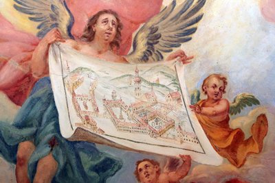 Engel mit einem Plan der Abtei Heiligenkreuz. Heiligenkreuzer Abtei, Wien, Österreich von Unbekannt