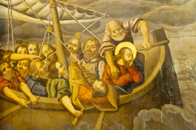 Armenische Apostolische Kirche; Wandmalerei; Sturm; Jesus mit seinen Jüngern im Boot während eines Sturms; Bethlehem-Kirche oder Bedkhem-Kirche; Jolfa-Distrikt oder Jolfa; Isfahan; Iran; Asien von Unbekannt