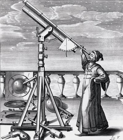 Astronomisches Teleskop mit Beobachter von Unbekannt