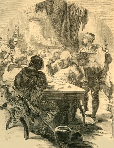 Bei einem Bankett von Harold erhält er die Nachricht von der Invasion der Normannen, um 1890 von Unbekannt