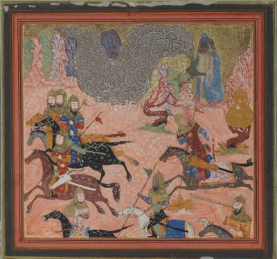 Bazur, der Magier, beschwört Dunkelheit und einen Sturm herauf, Folio aus einem Shahnama..., ca. 1430-40 von Unbekannt