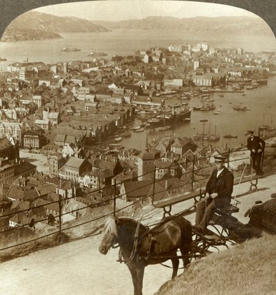 Bergen, Blick nach Westen vom Floifjeld über den Hafen und den Puddefjord, Norwegen von Unbekannt