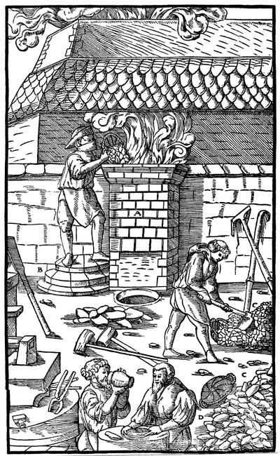 Hochofen zur Eisenerzverhüttung, 1556 von Unbekannt