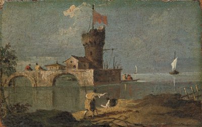 Capriccio mit einem runden Turm, zwei Häusern und einer Brücke, 18. Jahrhundert von Unbekannt
