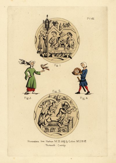 Gelage mit Männern in Cyclas, ermahnt von einem Mann in einer juristischen Haube und Kapuze, Sterbeszene mit dem Teufel, der die Seele eines Mannes nimmt, Frau in Haube und Hörnerhut mit Cointose-Schal und Vogel, Henker von Johannes dem Täufer mit seinem K von Unbekannt
