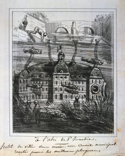 Karikaturvorschlag, das Hôtel de Ville unter Wasser wieder aufzubauen, um Feuer zu verhindern, Pariser Kommune, 1871 von Unbekannt