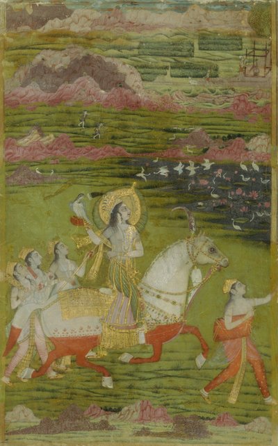 Chand Bibi beim Jagen mit Begleitern in einer Landschaft, ca. 1700 von Unbekannt