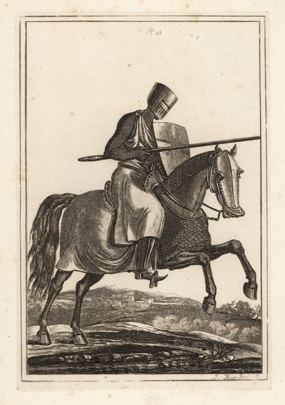 Angreifender Ritter des 12. und 13. Jahrhunderts in Kettenhemd, flachem Helm, Lanze, Heaterschild, Schienbeinrüstung, Kriegssattel von Unbekannt