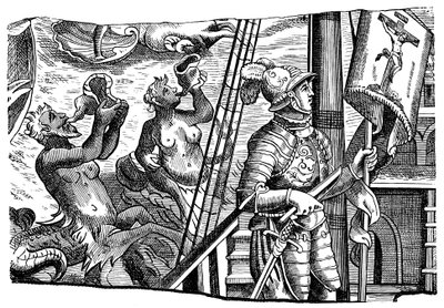 Christoph Kolumbus während seiner Reise nach Amerika, Gravur, ca. 1500 von Unbekannt