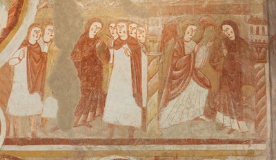 Kirche (Église Saint-Martin). Innenraum. Wandmalereien (Fresko). Westwand des Kirchenschiffs. Detail. Anklage und Verkündigung der Jungfrau. 12. Jahrhundert von Unbekannt