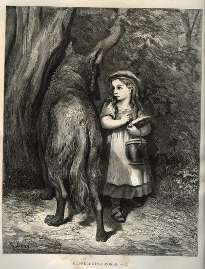 Beim Durchqueren des Waldes trifft Rotkäppchen den Wolf. Gravur von Gustave Doré (1832-1883) aus „Les contes“ von Charles Perrault (1628-1703) von Unbekannt
