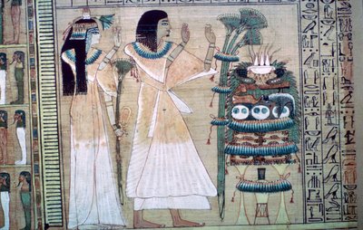 Darstellung eines Mannes und seiner Frau, die Osiris Opfergaben darbringen von Unbekannt