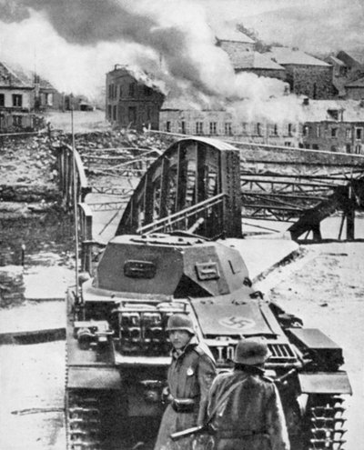 Zerstörung der Brücke über die Maas durch Belgier, um den deutschen Vormarsch zu stoppen, Zweiter Weltkrieg, 1940 von Unbekannt
