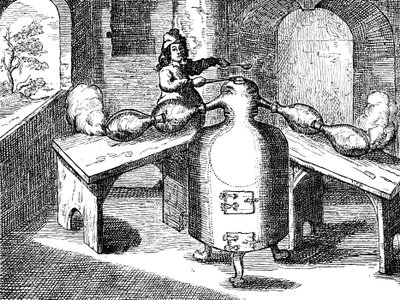 Destillation von Salpetersäure in einem Eisenmann mit zwei Nasen, 1689 von Unbekannt