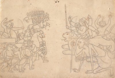 Durga und Kali nähern sich den versammelten Armeen von Chanda und Munda, aus dem Devi Mahatmya, ca. 1780 von Unbekannt