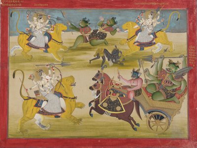 Durga kämpft gegen die Rakshashas Shunga und Nishunga, aus einem Devi Mahatmya, Mitte des 19. Jahrhunderts von Unbekannt