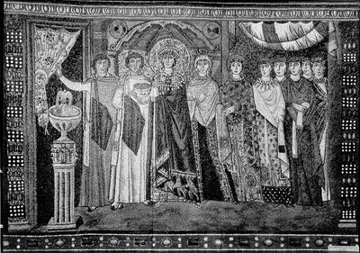 Kaiserin Theodora und Mitglieder ihres Hofes (frühes 20. Jahrhundert, Original aus dem 6. Jahrhundert) von Unbekannt