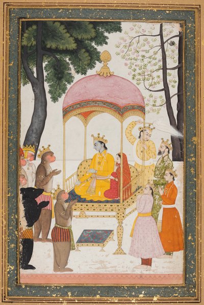 Thronender Rama und Sita empfangen Huldigung von ihren Affen- und Bärenverbündeten, ca. 1765 von Unbekannt