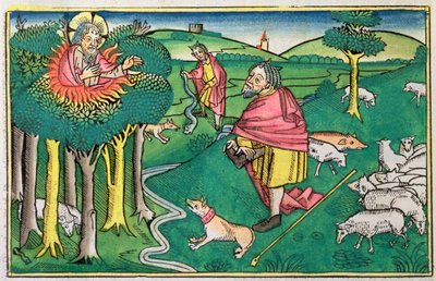 Exodus 3:1-22 und 4:1-4: der brennende Busch und Gott rüstet Moses mit dem Wunderstab aus von Unbekannt