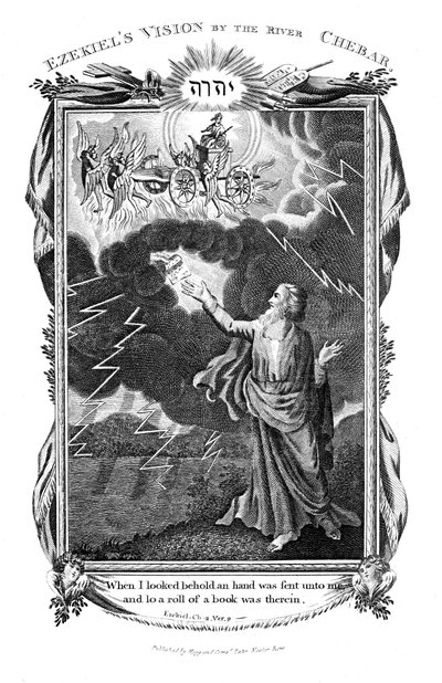 Ezechiels Vision von einem Wagen am Himmel und einer Hand in den Wolken, die ihm ein Buch reicht, 1804 von Unbekannt