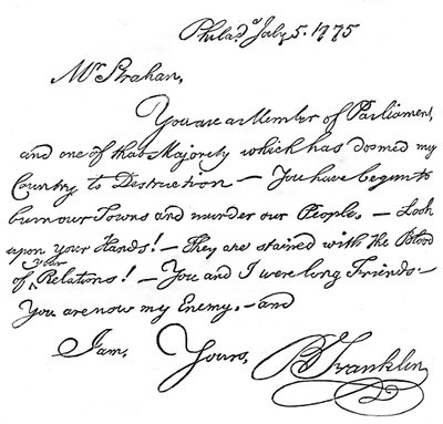 Faksimile eines Briefes von Benjamin Franklin an Mr. Strahan, 1775 von Unbekannt