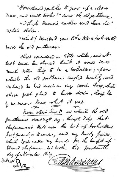 Faksimile der Inschrift in einer Kopie von Die Pickwickier, 1839, 1912 von Unbekannt