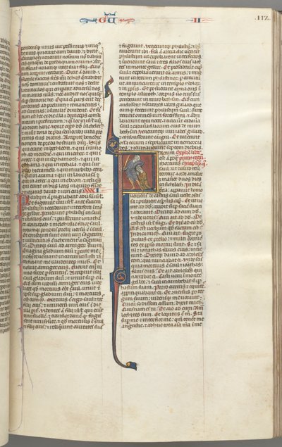 Fol. 112r, Könige II, historiierte Initiale F, die Enthauptung des Amalekiters, ca. 1275-1300 von Unbekannt