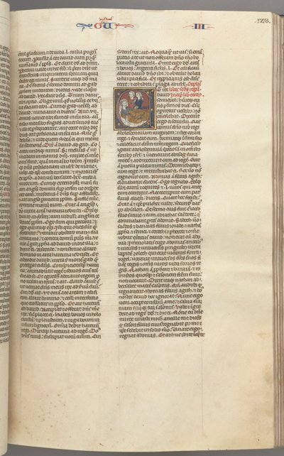 Fol. 123r, Könige III, historiierte Initiale E, ein Diener bringt Abischag zu David..., ca. 1275-1300 von Unbekannt