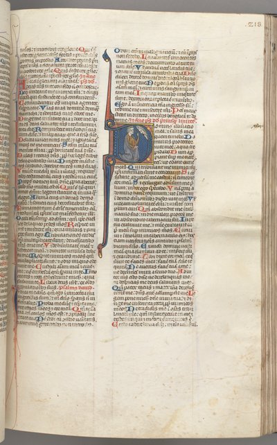 Fol. 218r, Psalm 26, historiierte Initiale D, David kniet und zeigt auf seine Augen, die Büste Gottes... von Unbekannt