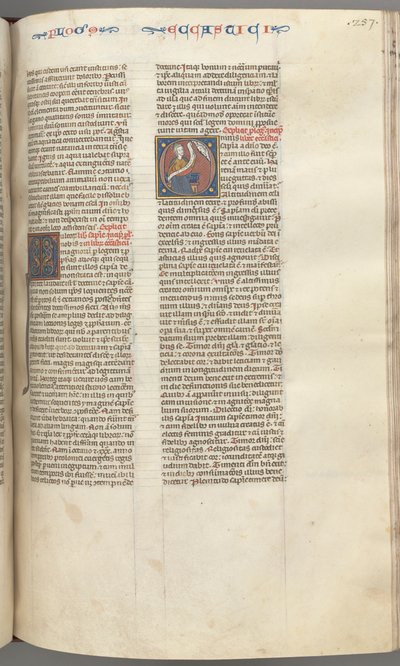 Fol. 257r, Ecclesiasticus, historiierte Initiale O, Sirach sitzend mit einer Schriftrolle, Büste Gottes darüber, um von Unbekannt