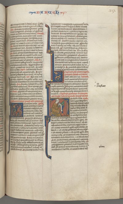 Fol. 317r, Baruch, historiierte Initiale H, Baruch sitzt an einem Schreibtisch und schreibt auf eine Schriftrolle von Unbekannt