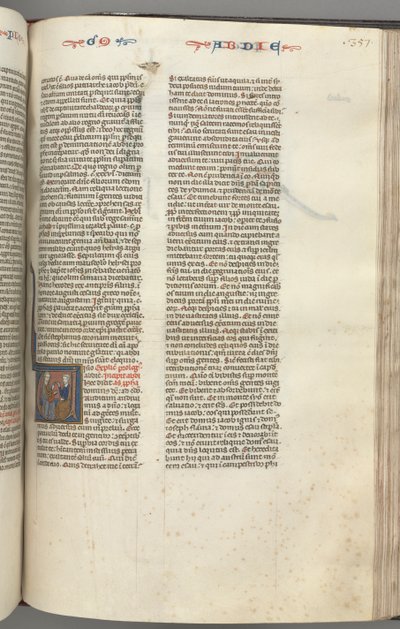 Fol. 357r, Obadja, historiierte Initiale V, Obadja und ein Jude im Gespräch, um 1275-1300 von Unbekannt
