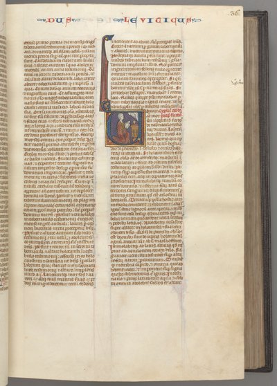 Fol. 36r, Levitikus, historisierte Initiale V, Moses opfert ein Lamm auf einem Altar, ca. 1275 von Unbekannt