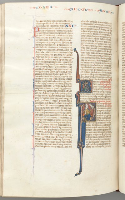 Fol. 435v, Römer, historisierte Initiale P, Paulus sitzt mit einem Schwert und spricht mit der Büste Gottes, ca. von Unbekannt