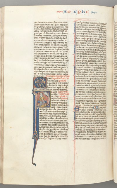 Fol. 450v, Epheser, historisierte Initiale P, Paulus sitzend mit einem Schwert, die Büste Gottes darüber, ca. 127 von Unbekannt
